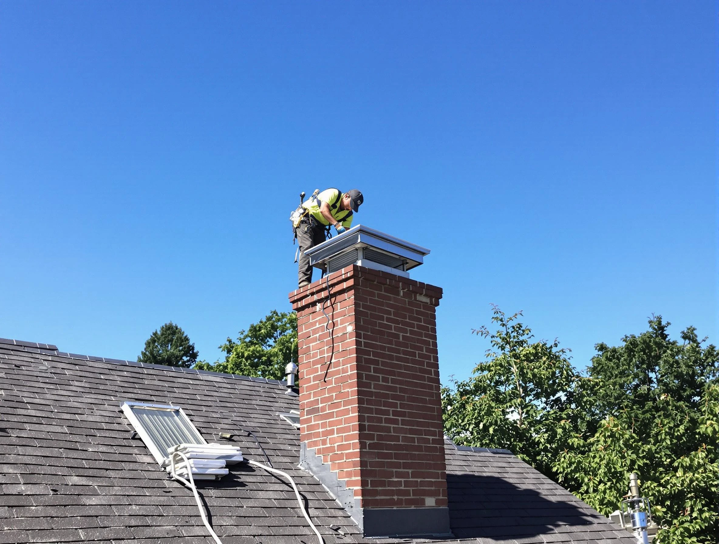 Andover Chimney Sweep technician measuring a chimney cap in Andover, MA